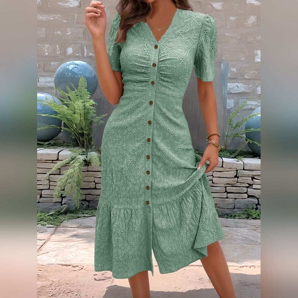Eyelet Embroidered Midi Sage Green Button-Down Fitted Ruched Dress